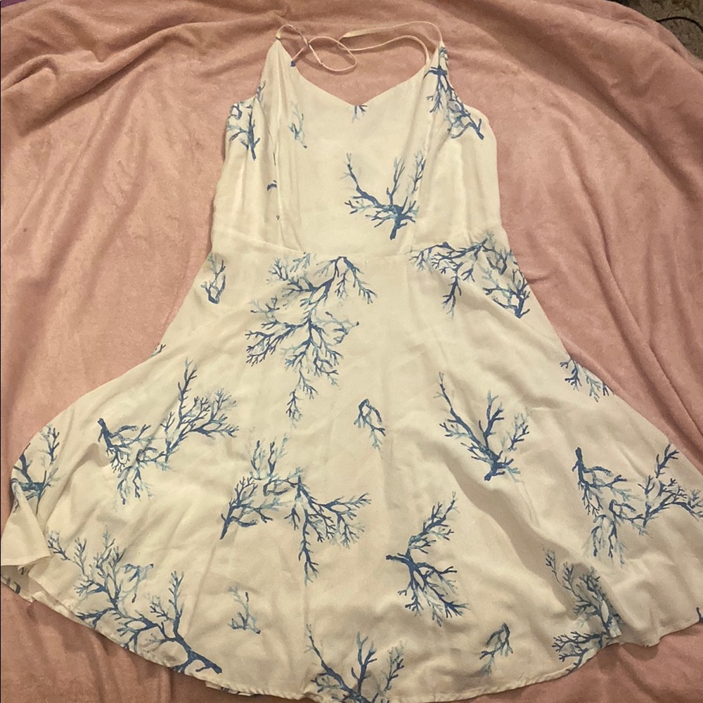White Dress with Blue Coral Pattern
